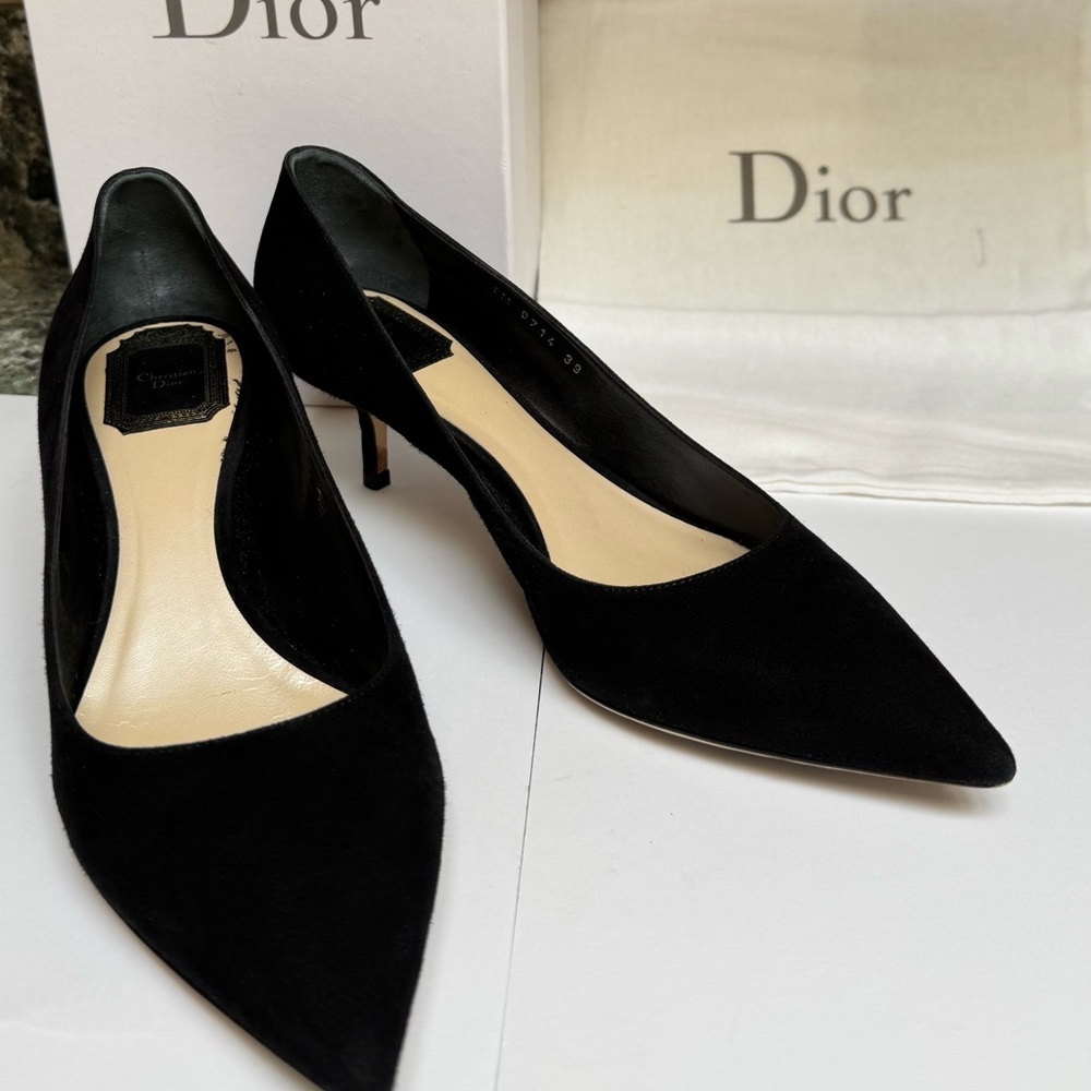 Dior Cherie Pointy Toes Black Suede Kitten Heels Pumps Size 9